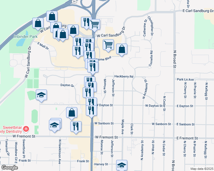 map of restaurants, bars, coffee shops, grocery stores, and more near 1671 Monroe Street in Galesburg