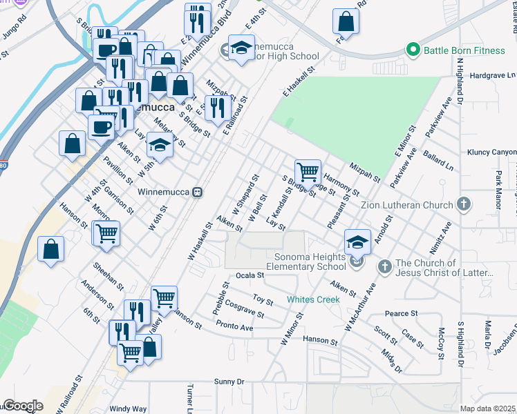 map of restaurants, bars, coffee shops, grocery stores, and more near 136 West Bell Street in Winnemucca