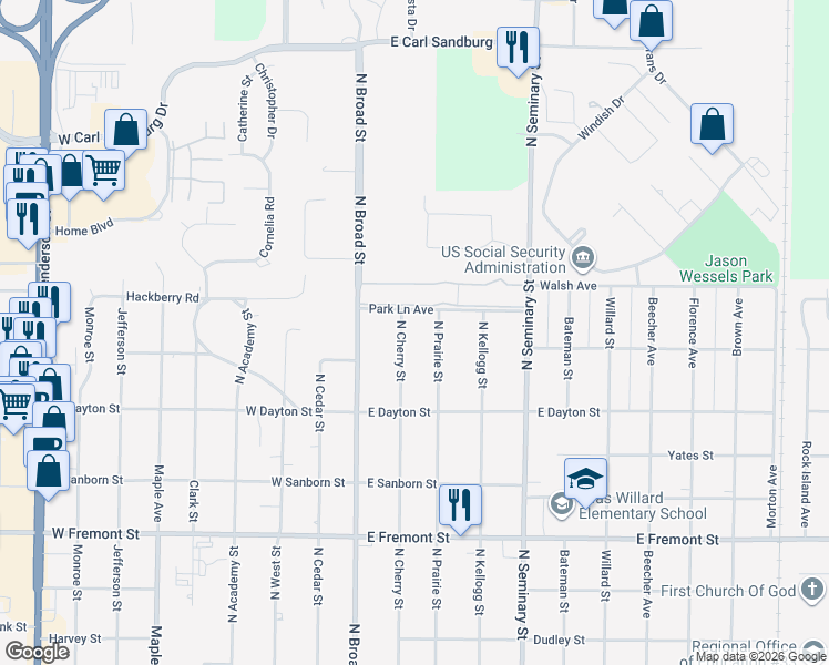 map of restaurants, bars, coffee shops, grocery stores, and more near 1681 North Cherry Street in Galesburg