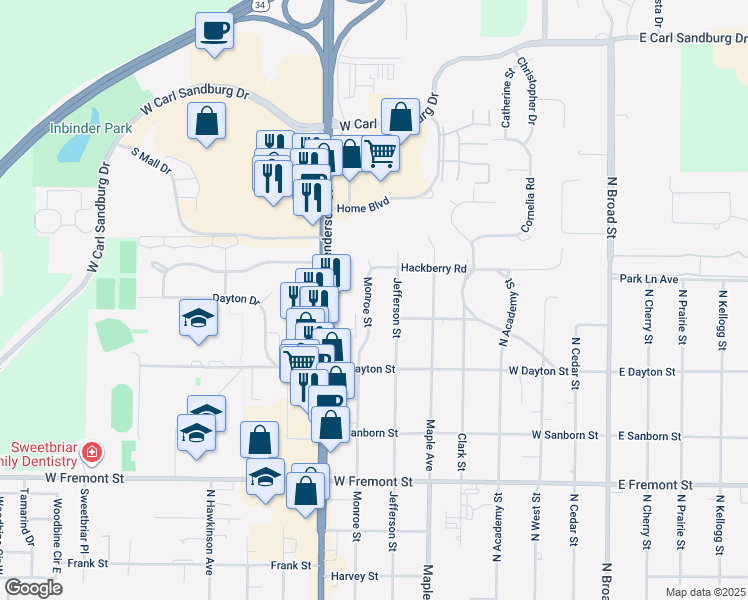 map of restaurants, bars, coffee shops, grocery stores, and more near 1671 Monroe Street in Galesburg