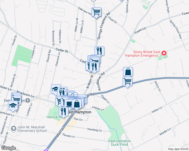 map of restaurants, bars, coffee shops, grocery stores, and more near 29 Accabonac Road in East Hampton