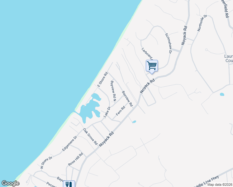 map of restaurants, bars, coffee shops, grocery stores, and more near 17 Bayview Road West in Southampton