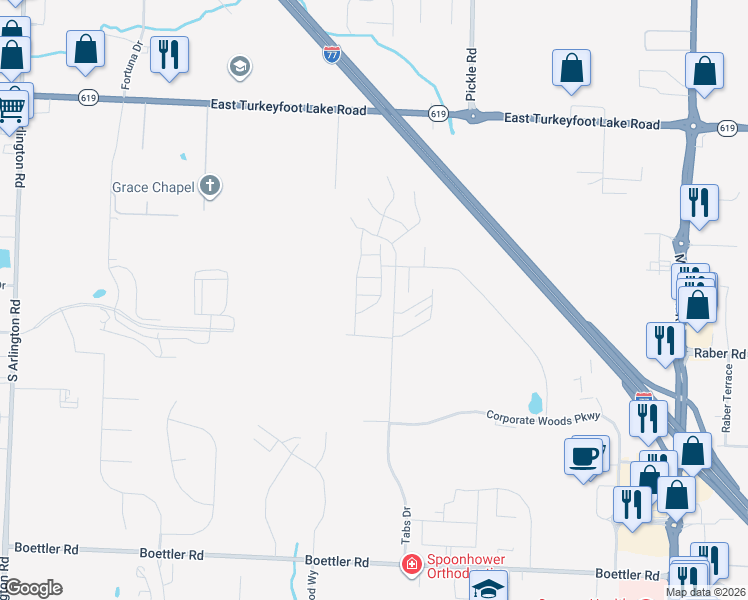map of restaurants, bars, coffee shops, grocery stores, and more near 3395 Molly Drive in Akron