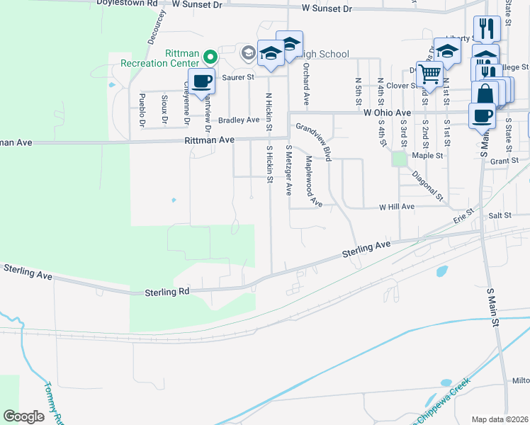 map of restaurants, bars, coffee shops, grocery stores, and more near 171 South Hickin Avenue in Rittman