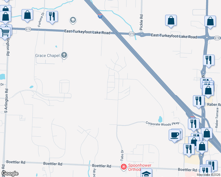 map of restaurants, bars, coffee shops, grocery stores, and more near 3395 Molly Drive in Akron