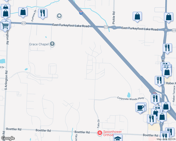 map of restaurants, bars, coffee shops, grocery stores, and more near 3395 Molly Drive in Akron