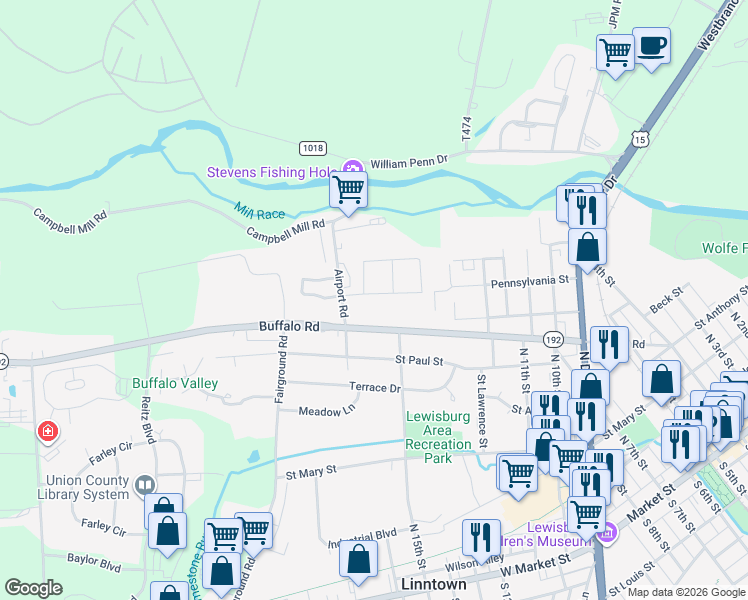 map of restaurants, bars, coffee shops, grocery stores, and more near 823 Edison Avenue in Lewisburg