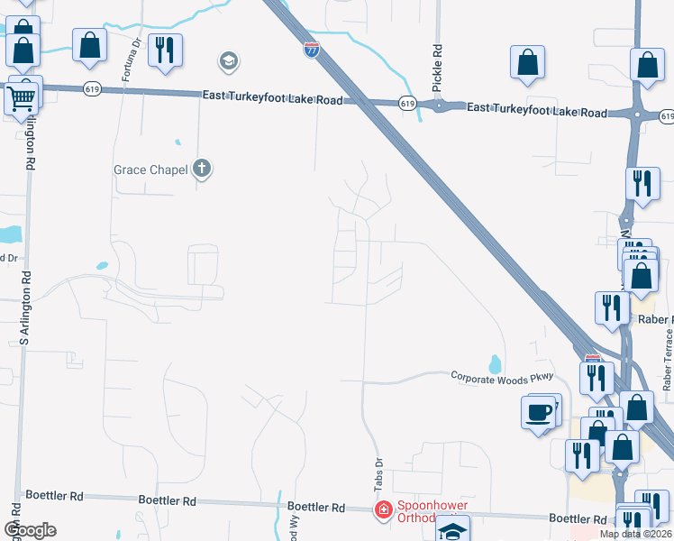 map of restaurants, bars, coffee shops, grocery stores, and more near 3395 Molly Drive in Akron