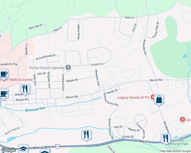 map of restaurants, bars, coffee shops, grocery stores, and more near 309 Maple Street in Danville