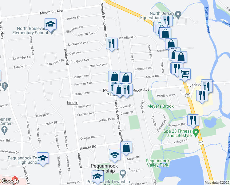 map of restaurants, bars, coffee shops, grocery stores, and more near 1 Jackson Avenue in Pequannock Township
