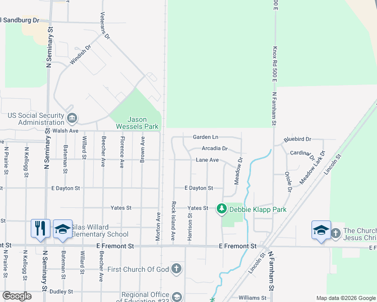 map of restaurants, bars, coffee shops, grocery stores, and more near 1100 Arcadia Drive in Galesburg