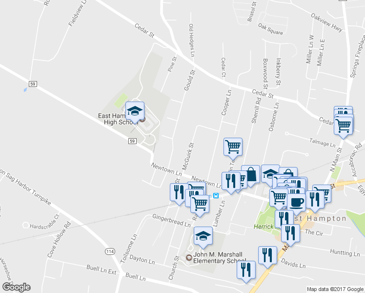 map of restaurants, bars, coffee shops, grocery stores, and more near 174 Newtown Lane in East Hampton