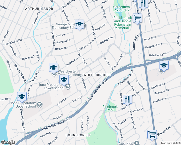 map of restaurants, bars, coffee shops, grocery stores, and more near 280 Ronbru Drive in New Rochelle