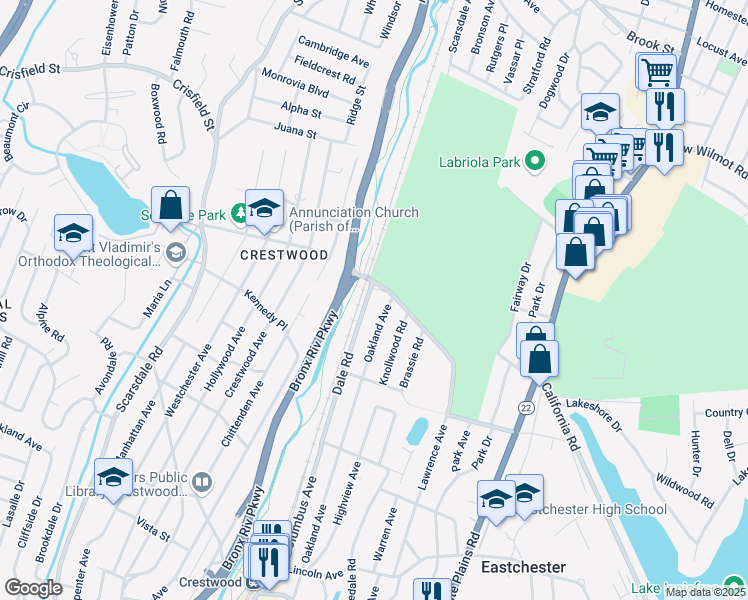 map of restaurants, bars, coffee shops, grocery stores, and more near 72 Dale Road in Eastchester