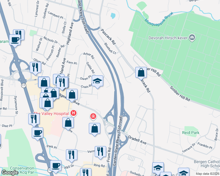 map of restaurants, bars, coffee shops, grocery stores, and more near 139 Bertha Court in Paramus
