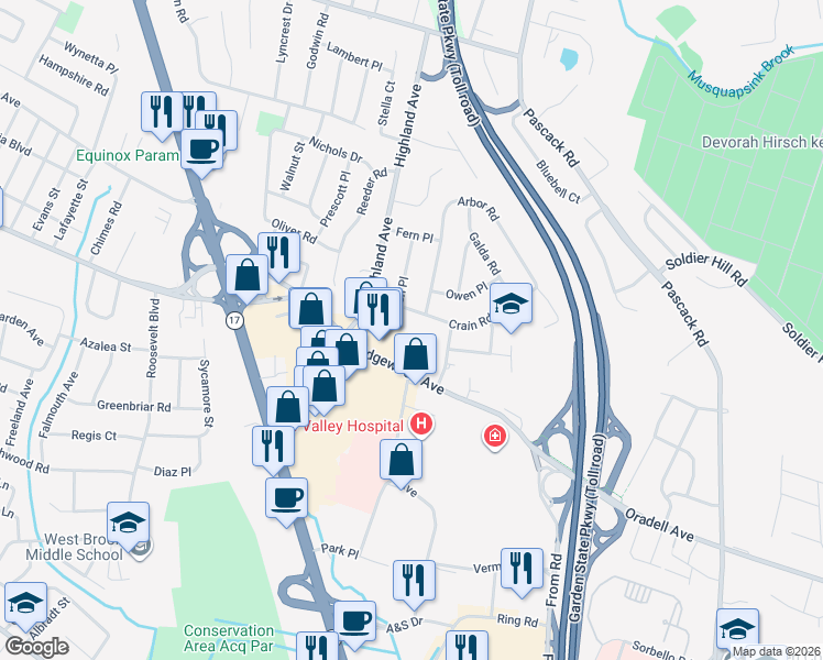 map of restaurants, bars, coffee shops, grocery stores, and more near 716 Sandor Court in Paramus