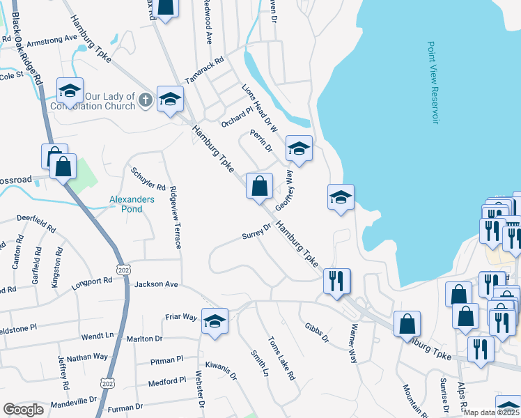 map of restaurants, bars, coffee shops, grocery stores, and more near 1621 Hamburg Turnpike in Wayne