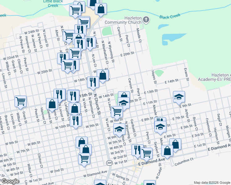 map of restaurants, bars, coffee shops, grocery stores, and more near 19 West 14th Street in Hazleton