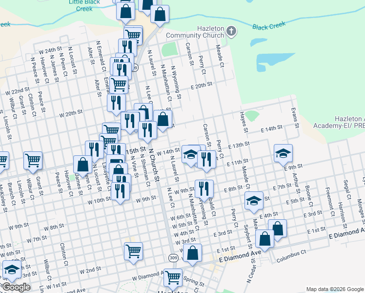 map of restaurants, bars, coffee shops, grocery stores, and more near 19 W 14th St in Hazleton