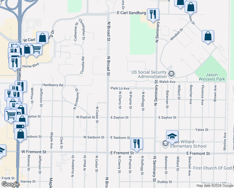 map of restaurants, bars, coffee shops, grocery stores, and more near 1681 North Cherry Street in Galesburg