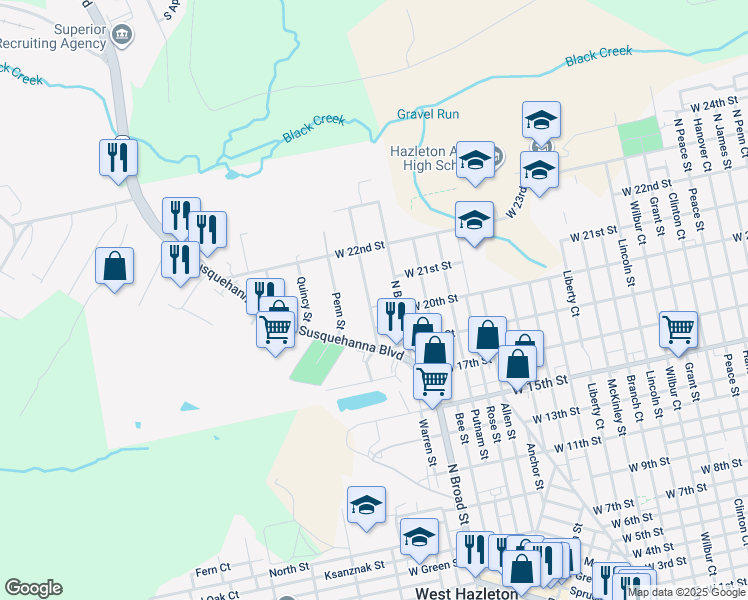 map of restaurants, bars, coffee shops, grocery stores, and more near 635 Harvey Street in West Hazleton
