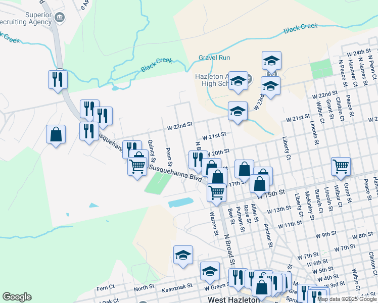 map of restaurants, bars, coffee shops, grocery stores, and more near 635 Harvey Street in West Hazleton
