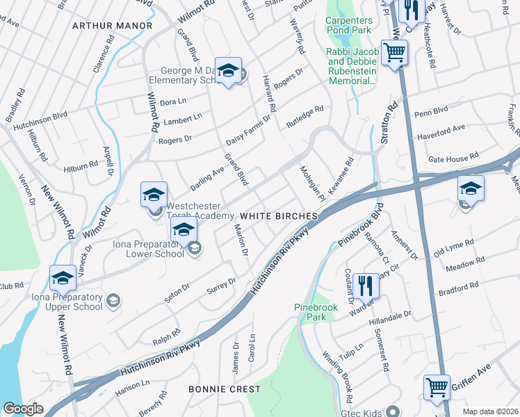 map of restaurants, bars, coffee shops, grocery stores, and more near 280 Ronbru Drive in New Rochelle