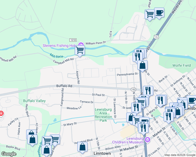 map of restaurants, bars, coffee shops, grocery stores, and more near 733 Edison Avenue in Lewisburg
