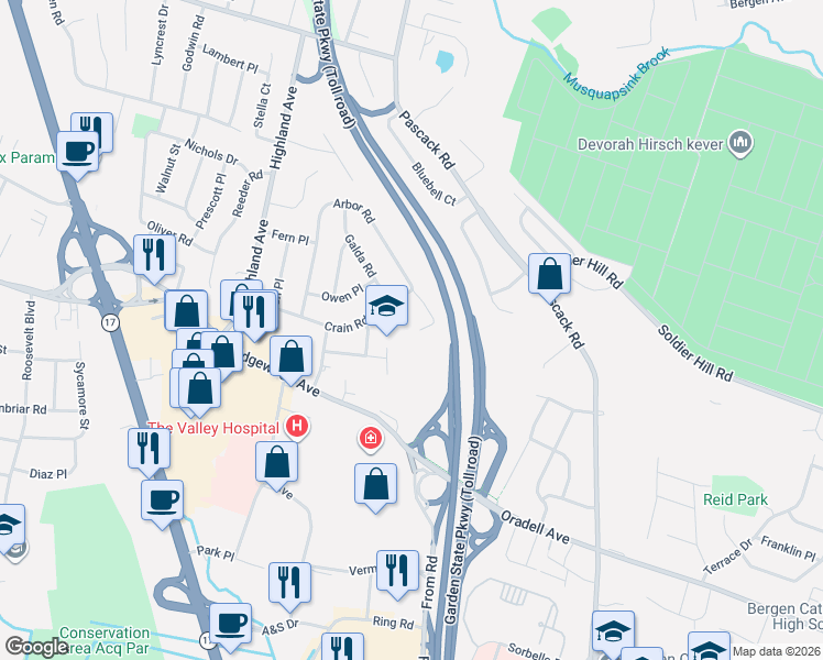 map of restaurants, bars, coffee shops, grocery stores, and more near 139 Bertha Court in Paramus
