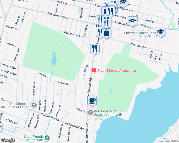 map of restaurants, bars, coffee shops, grocery stores, and more near 726 Hemlock Drive in Oradell