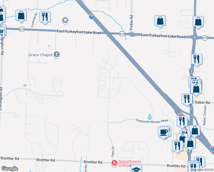map of restaurants, bars, coffee shops, grocery stores, and more near Maple Grove Lane in Uniontown