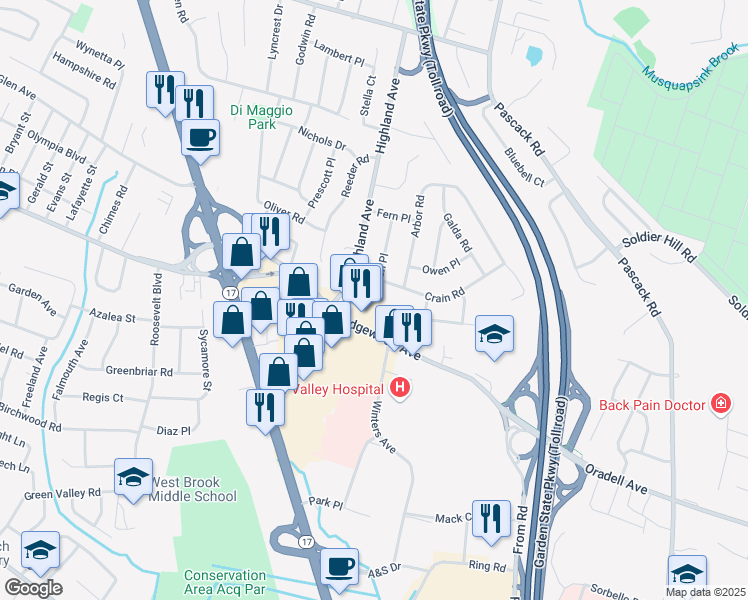 map of restaurants, bars, coffee shops, grocery stores, and more near 68 Bush Place in Paramus