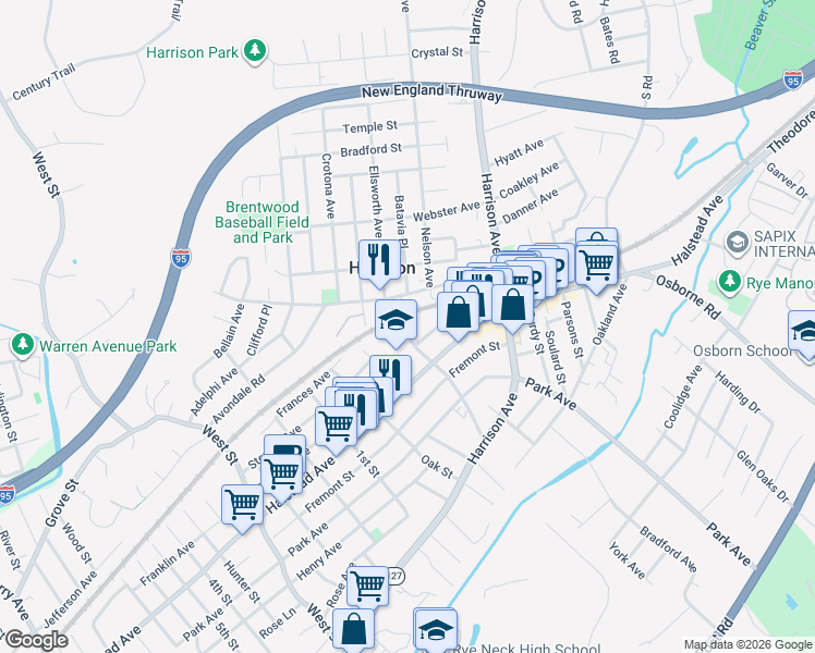 map of restaurants, bars, coffee shops, grocery stores, and more near 10 King Street in Harrison