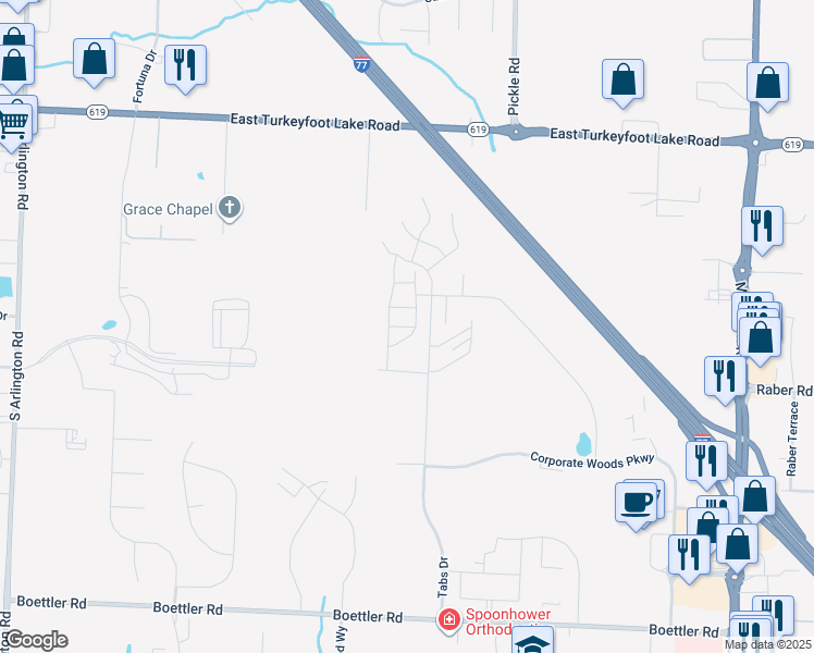 map of restaurants, bars, coffee shops, grocery stores, and more near 3395 Molly Drive in Akron