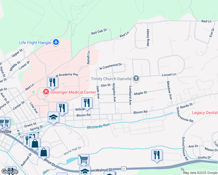 map of restaurants, bars, coffee shops, grocery stores, and more near 7-99 Maple Street in Danville