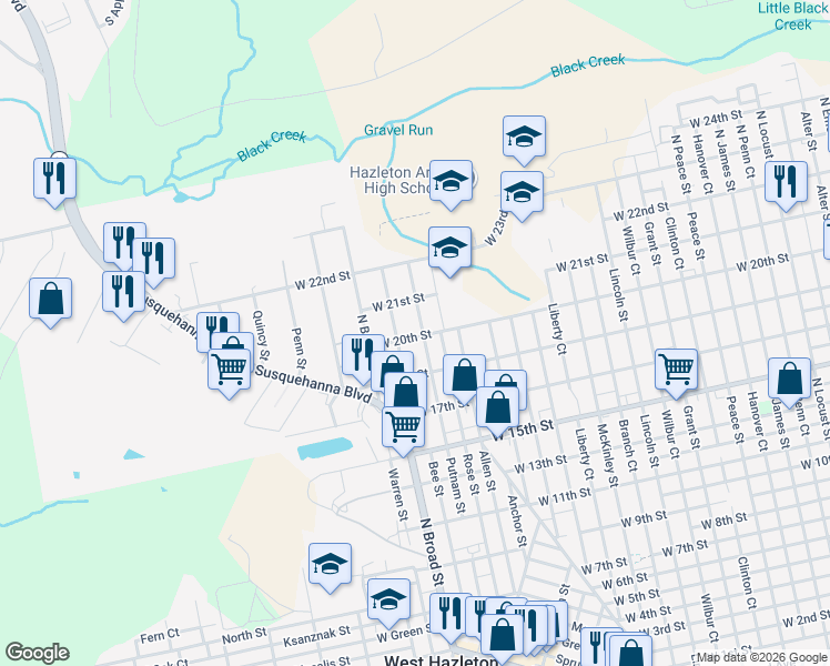 map of restaurants, bars, coffee shops, grocery stores, and more near 624 Landmesser Ave in Hazleton