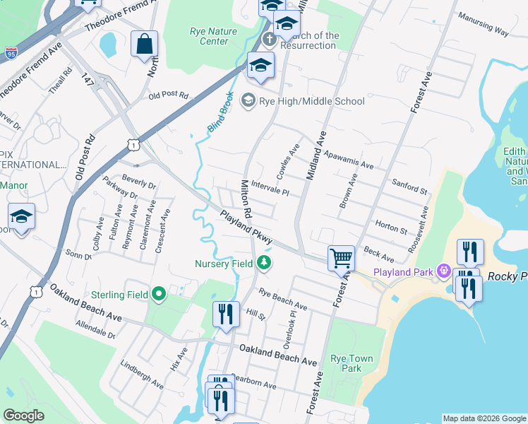 map of restaurants, bars, coffee shops, grocery stores, and more near 10 Fernwood Avenue in Rye