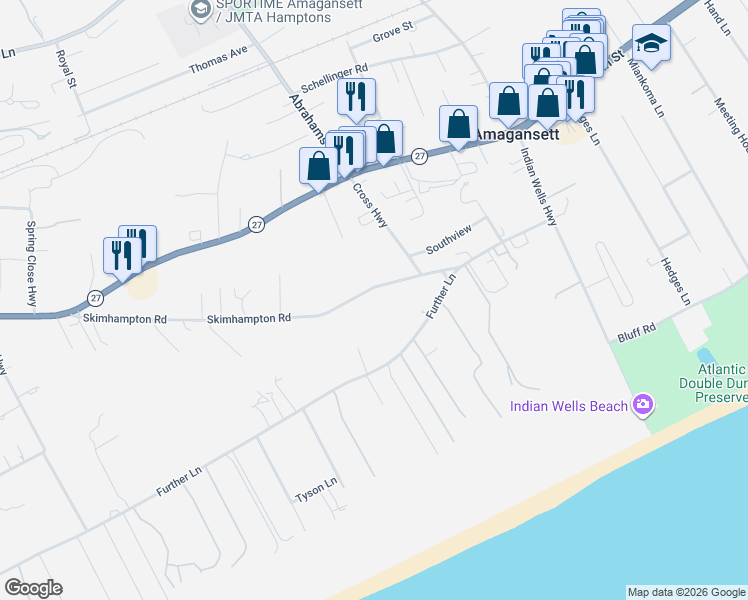 map of restaurants, bars, coffee shops, grocery stores, and more near 170 Skimhampton Road in East Hampton