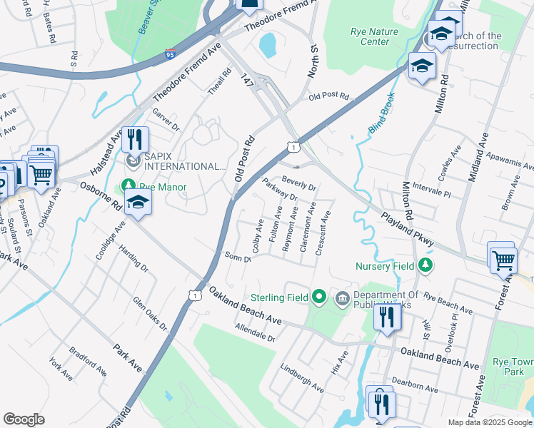 map of restaurants, bars, coffee shops, grocery stores, and more near 28 Colby Avenue in Rye