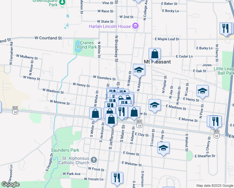 map of restaurants, bars, coffee shops, grocery stores, and more near 200 North Jefferson Street in Mount Pleasant