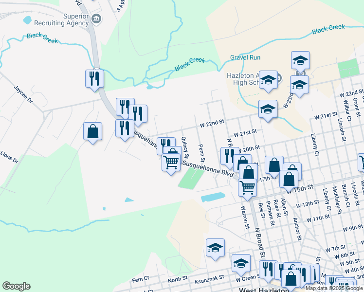 map of restaurants, bars, coffee shops, grocery stores, and more near 654 Quincy Street in West Hazleton