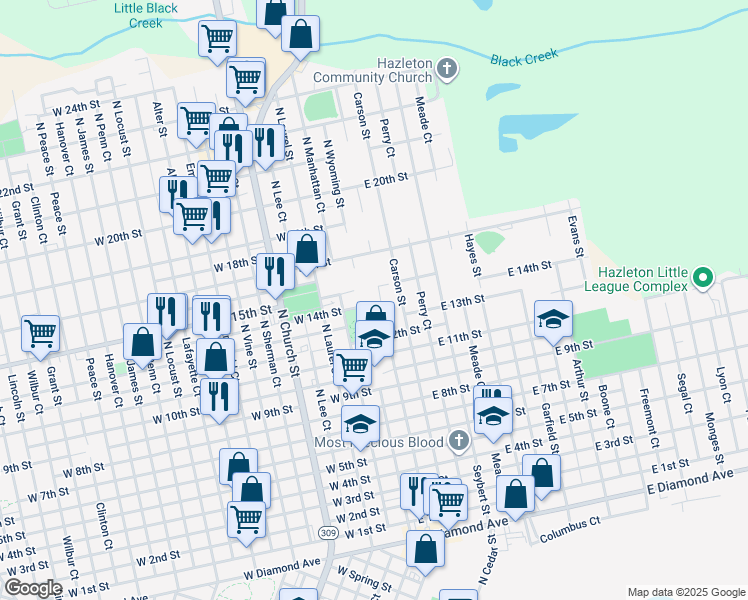 map of restaurants, bars, coffee shops, grocery stores, and more near 17 East 14th Street in Hazleton