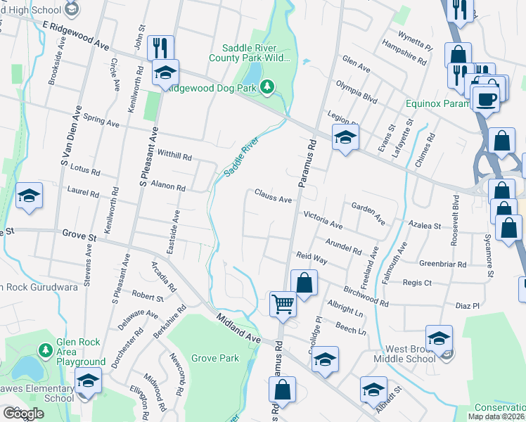 map of restaurants, bars, coffee shops, grocery stores, and more near 10 Aster Court in Paramus
