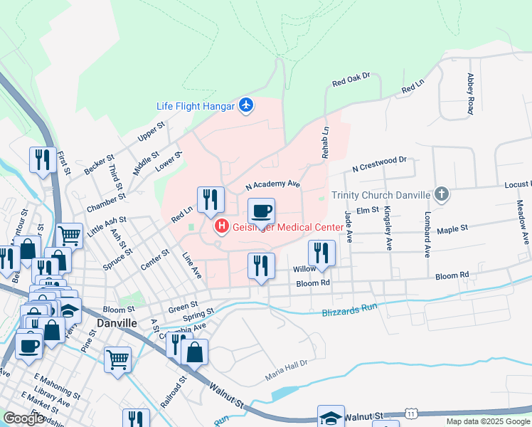 map of restaurants, bars, coffee shops, grocery stores, and more near Center St in Danville