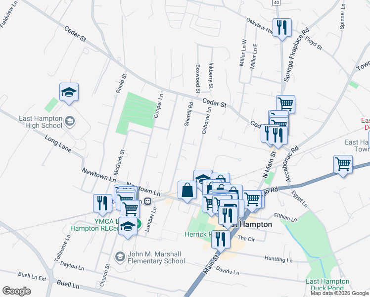 map of restaurants, bars, coffee shops, grocery stores, and more near 46 Sherrill Road in East Hampton
