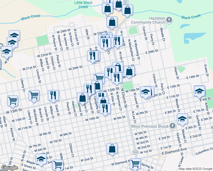 map of restaurants, bars, coffee shops, grocery stores, and more near 311 West 16th Street in Hazleton