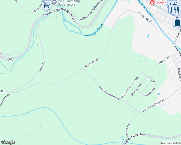 map of restaurants, bars, coffee shops, grocery stores, and more near 1835 Schofield Street Exd in Curwensville