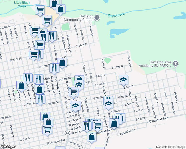 map of restaurants, bars, coffee shops, grocery stores, and more near 742-760 Perry Court in Hazleton