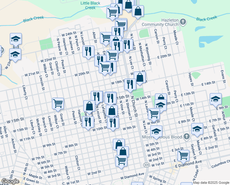 map of restaurants, bars, coffee shops, grocery stores, and more near 311 West 16th Street in Hazleton