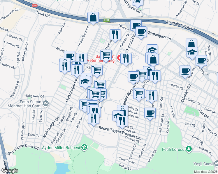 map of restaurants, bars, coffee shops, grocery stores, and more near Kanuni Caddesi in Sancaktepe